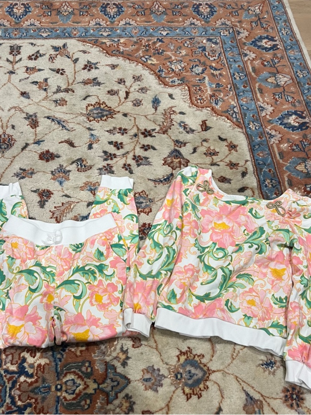 Janie and Jack White Sweatshirt with Pink Floral and Green Scroll Print